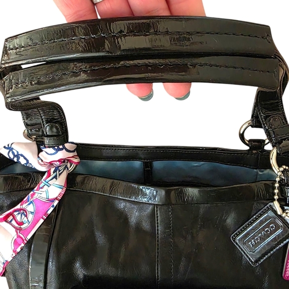 COACH Black Leather with Patent Leather Trim Shoulder Bag with Silver Accents - Picture 9 of 16
